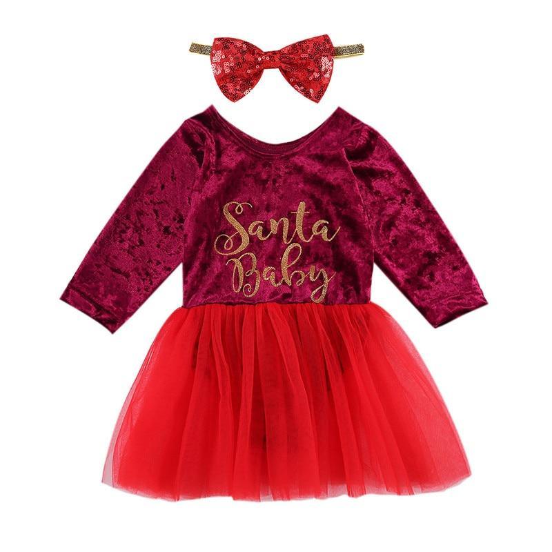 Baby Girls Velvet Christmas Dress with Metallic Gold Lettering