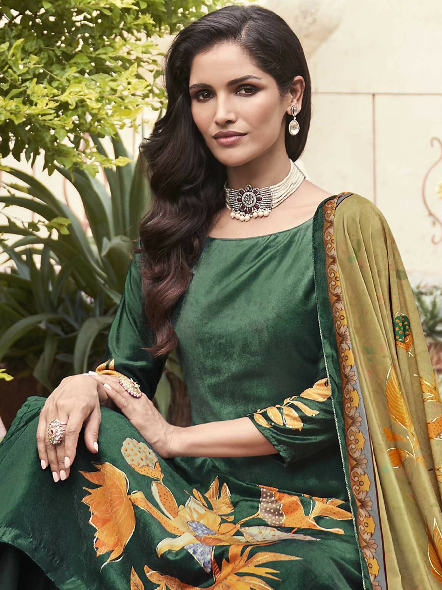 Green Velvet Floral Digital Printed A-Line Kurta Set with Palazzo