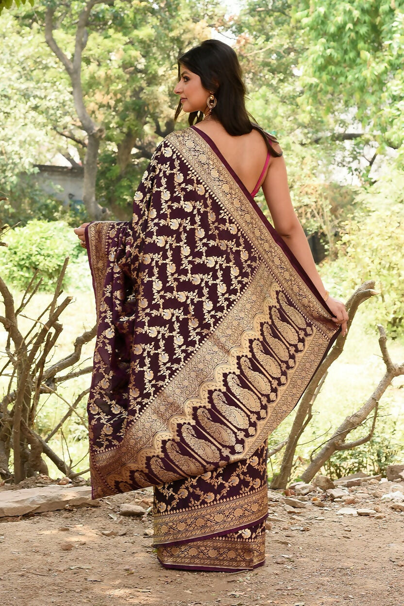Plum Purple Banarasi Soft Silk Handloom Saree