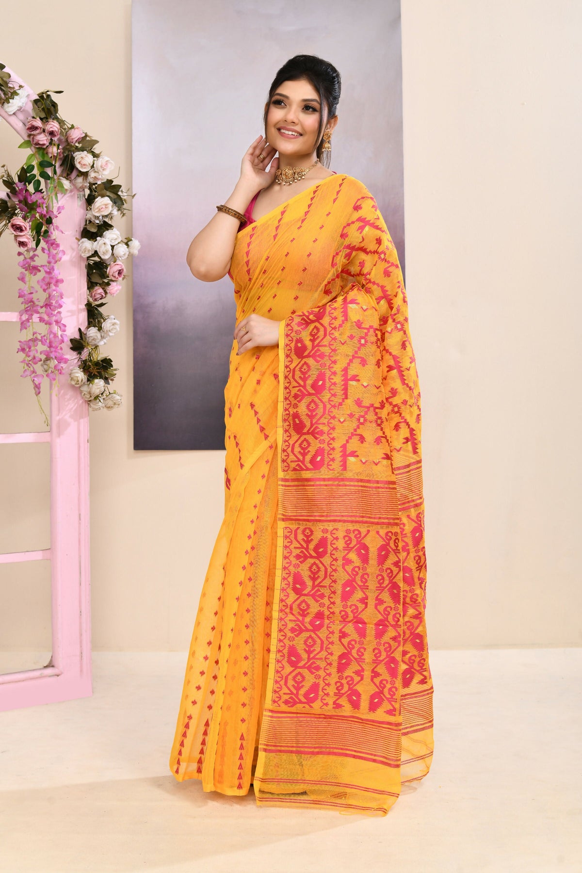 Piyari Fashion yellow embellished cotton blend Jamdani saree with traditional weaving