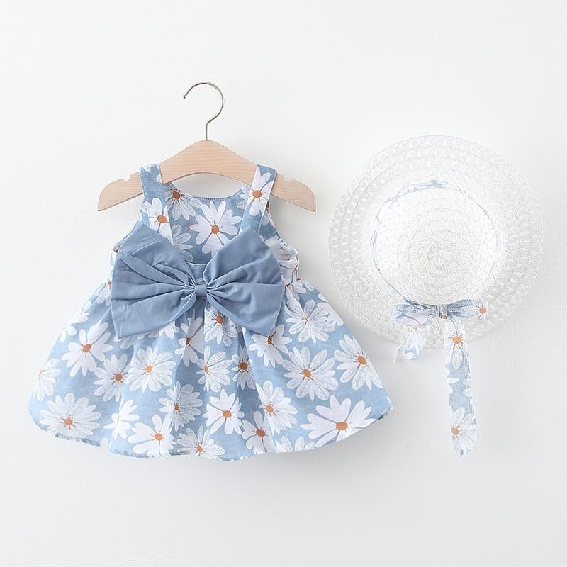 Luxury Modern Summer Bow Print Dress and Matching Hat Set for Girls
