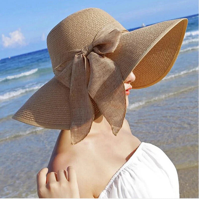 Women’s Wide Brim Summer Straw Hat with Elegant Bowknot Detail