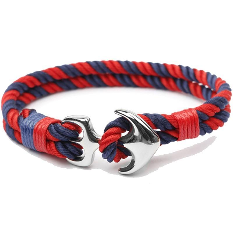 Unisex Nautical Anchor Rope Bracelet in Blue Red White Silver