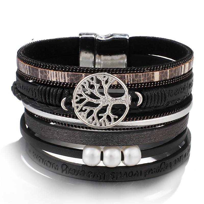 Multilayer Leather Tree of Life Charm Cuff Bracelet for Women