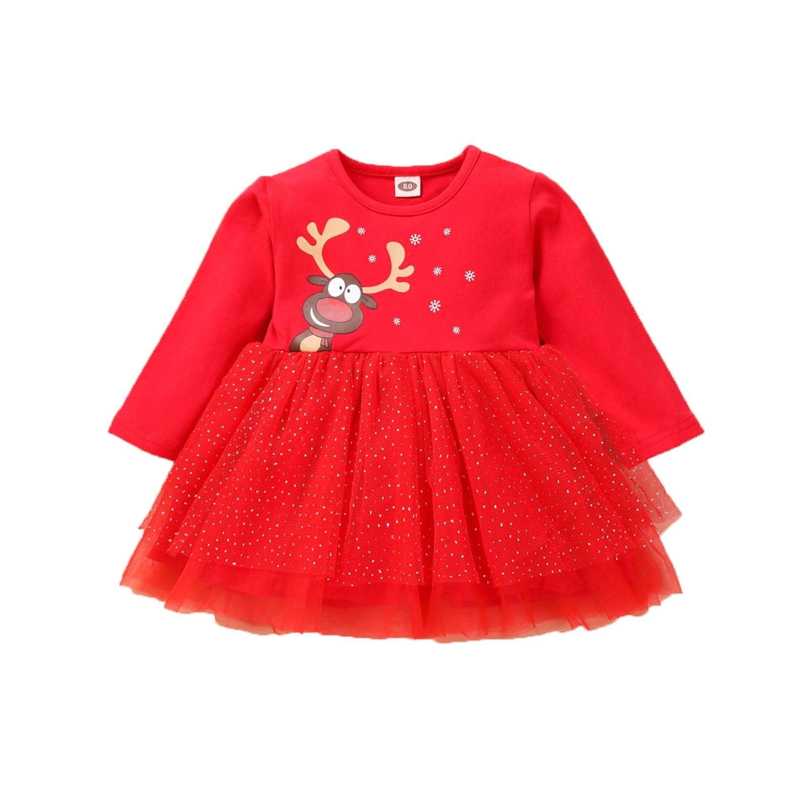 Baby Girl Christmas Deer Print Tutu Skirt Dress Festive Outfit
