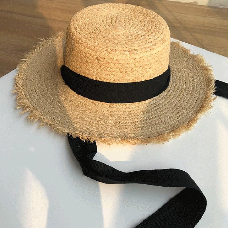Vintage Straw Wide Brim Sun Hat with Black and White Bowknot
