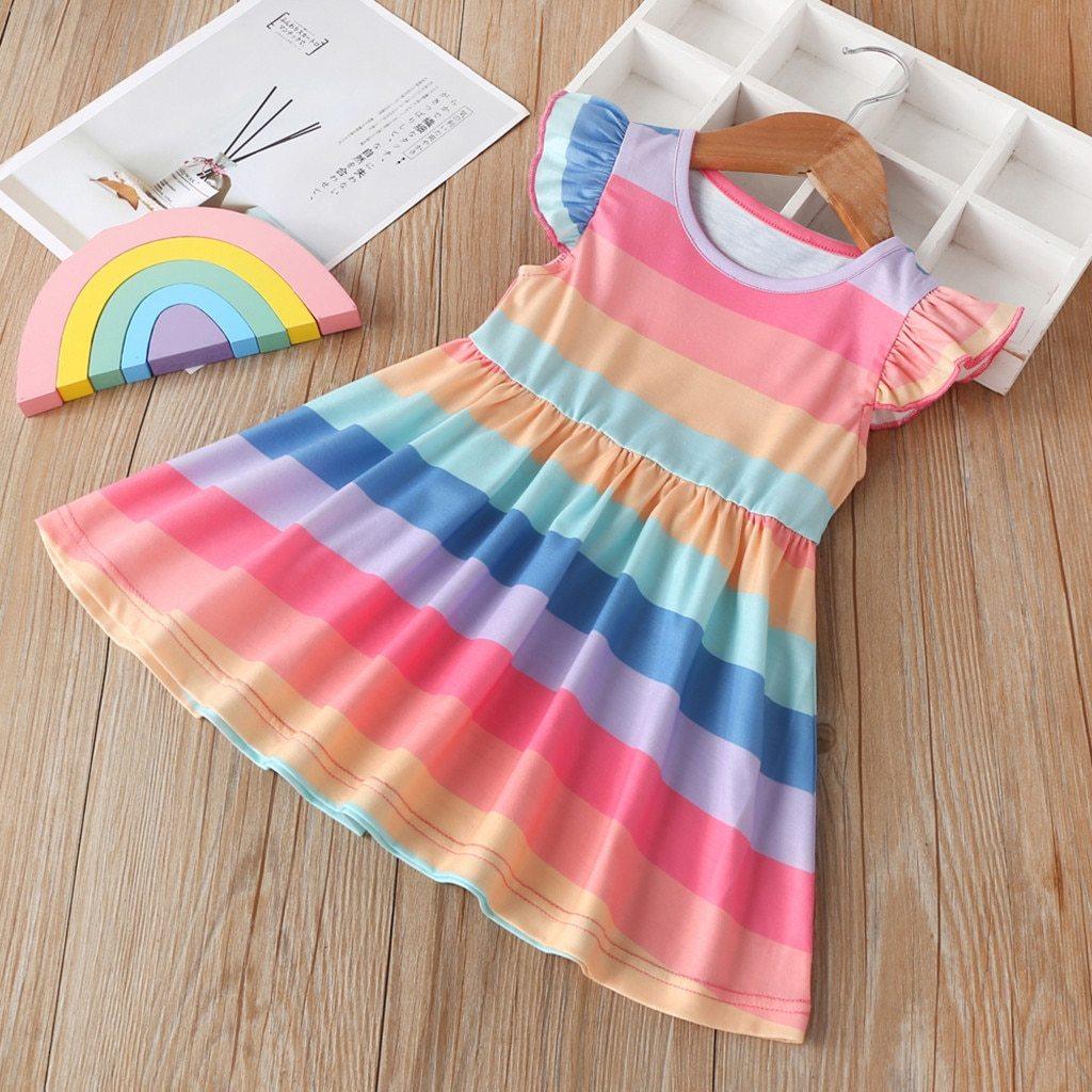 Girl's rainbow striped sequin sleeveless dress for parties and costumes