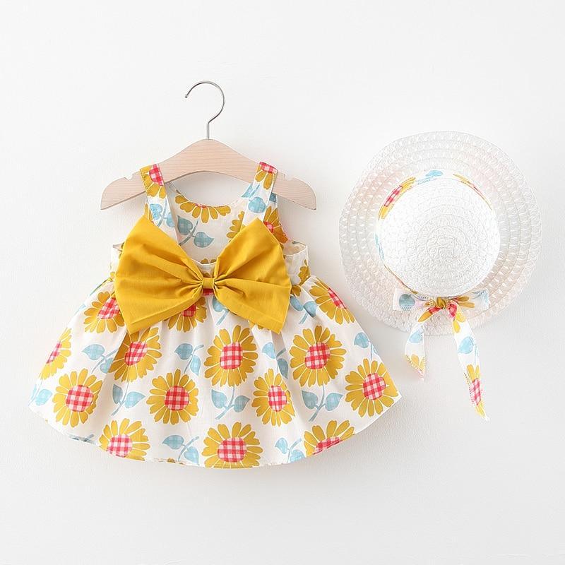 Luxury Modern Summer Bow Print Dress and Matching Hat Set for Girls
