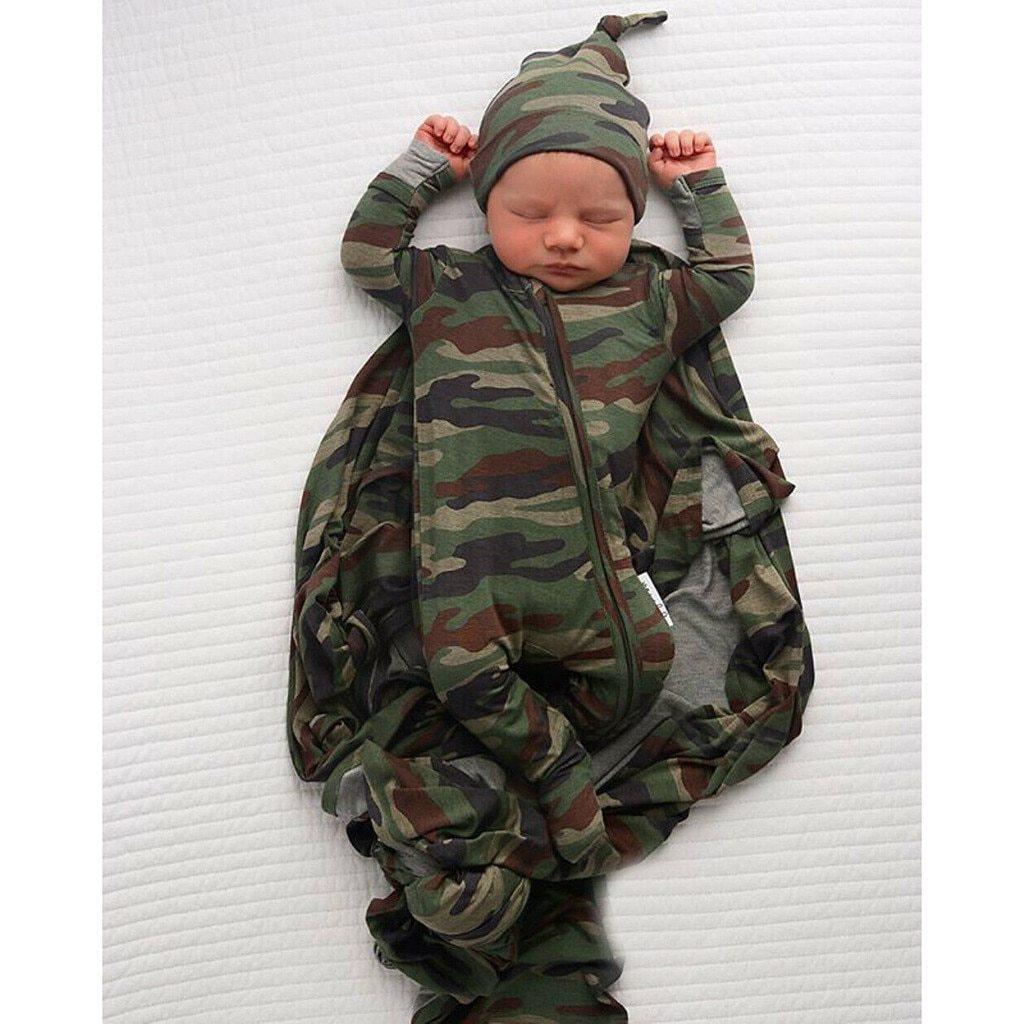 Infant Camo Military-Style Romper Set with Hat and Hairband