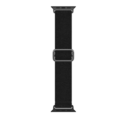 Close up of a black braided nylon elastic watch band for Apple Watch