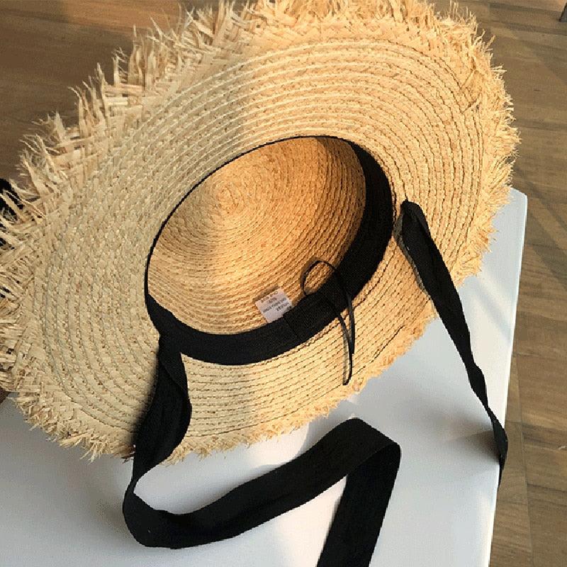 Vintage Straw Wide Brim Sun Hat with Black and White Bowknot