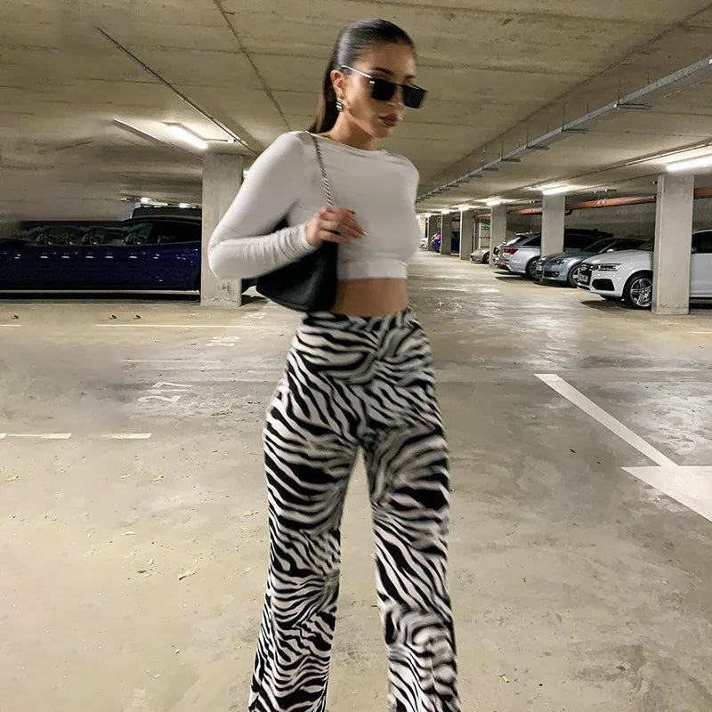 Women's Zebra Print High Waist Wide Leg Pants Casual Trousers - Image 19