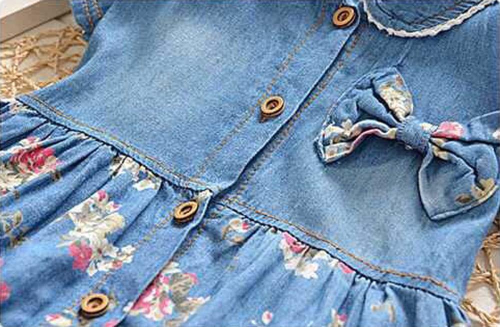 Floral Print Bowknot Princess Dress for Girls - Denim & Cotton Blend