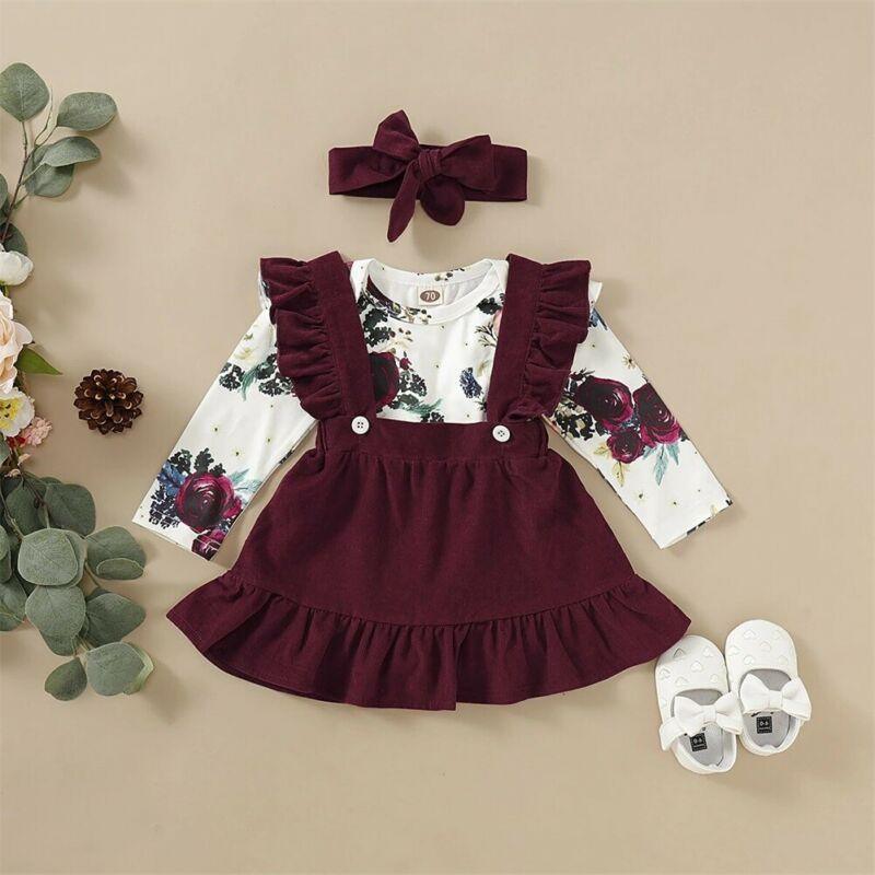 Baby Girl Floral Romper Jumpsuit & Skirt Set with Headband