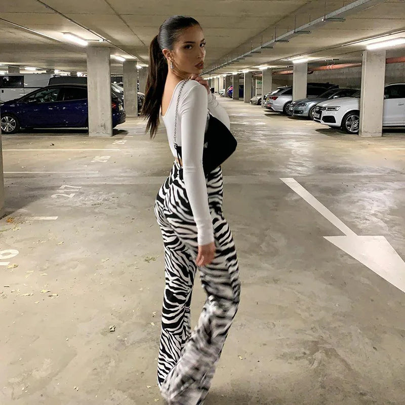 Women's Zebra Print High Waist Wide Leg Pants Casual Trousers - Image 24
