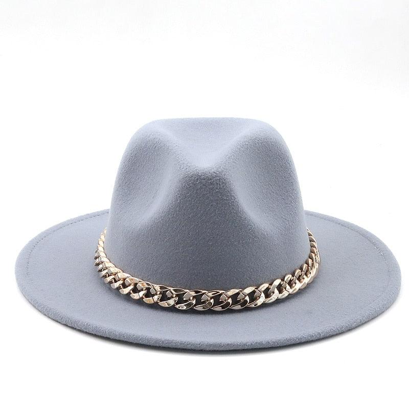 Elegant Green Wide Brim Fedora Hat with Chain Band