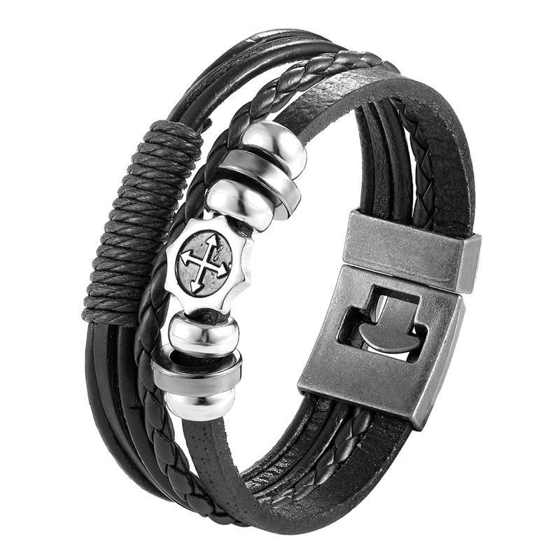 Multilayer Braided Leather Anchor Bracelet with Magnetic Clasp