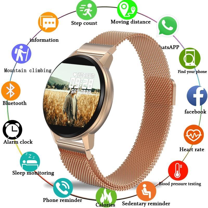Modern luxury smart watch with 1.3-inch TFT display and black pearl dial for men and women