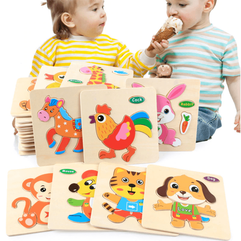 3D wooden cartoon animal puzzle set for toddlers featuring colorful animal and vehicle shapes