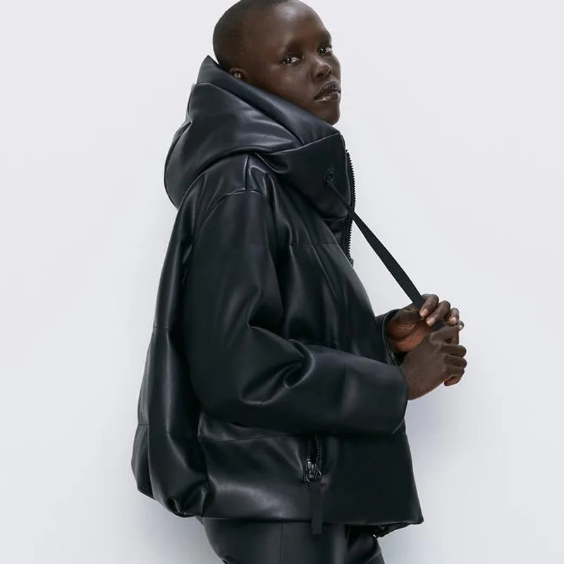 Women's Black Faux Leather Hooded Puffer Parka Jacket - Image 4