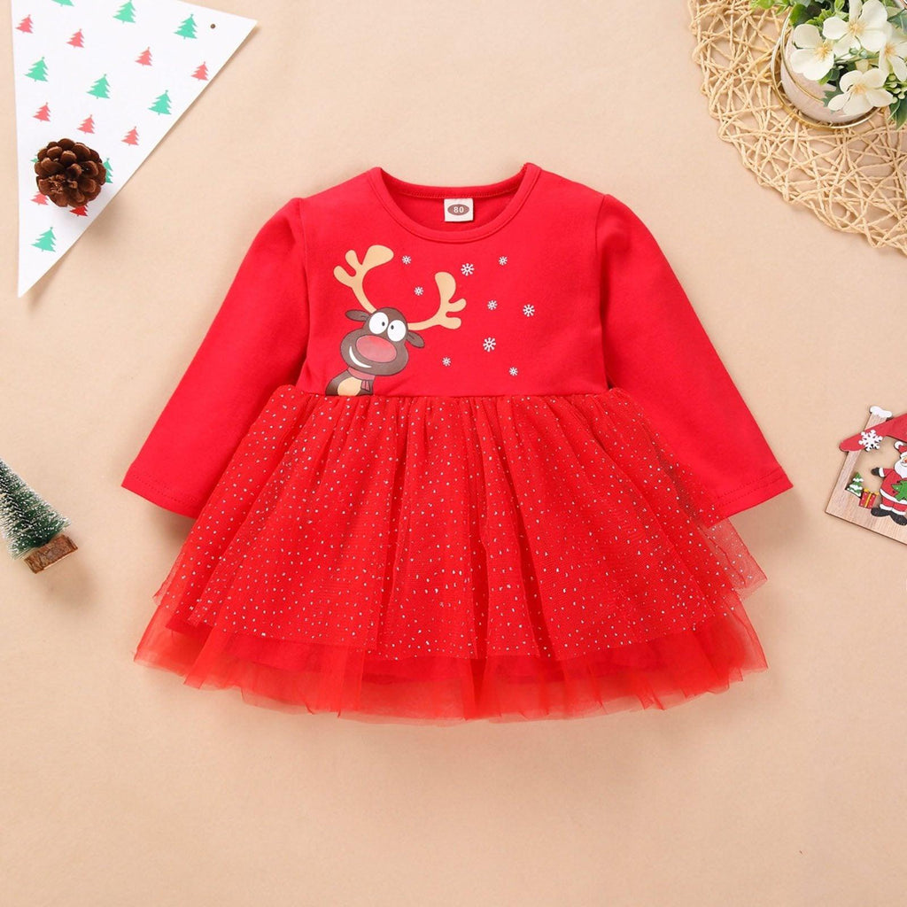 Baby girl festive red Christmas dress with deer design and tutu skirt.