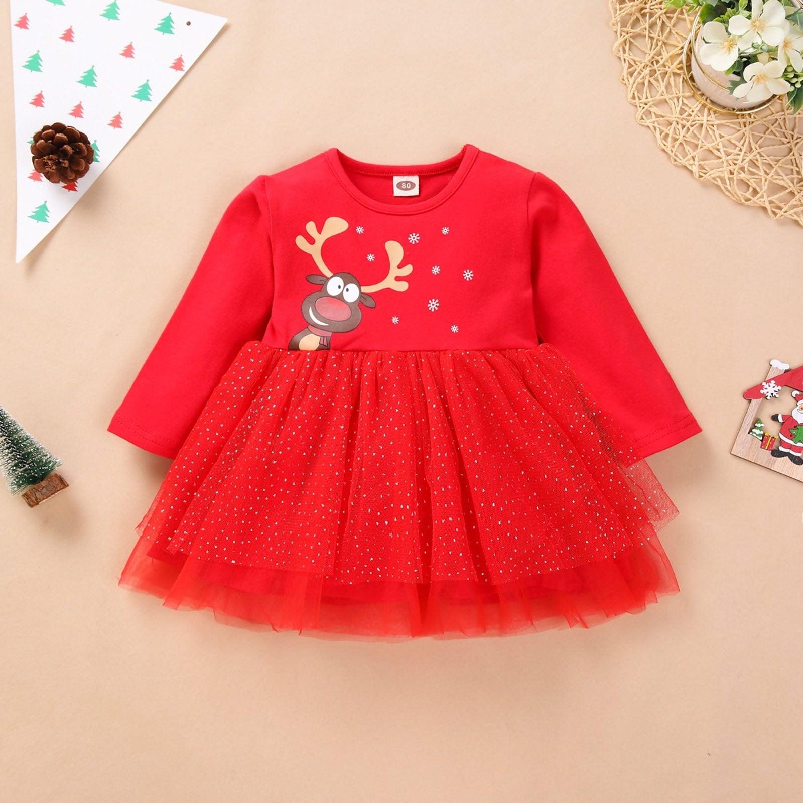 Baby girl festive red Christmas dress with deer design and tutu skirt.