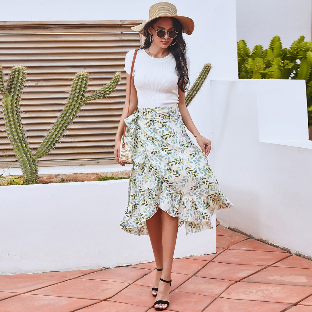 Spring Flower Wrap Bandage Skirt Floral Boho Clothing Summer Asymmetrical Skirt Women Beach Ruffled Maxi Skirt