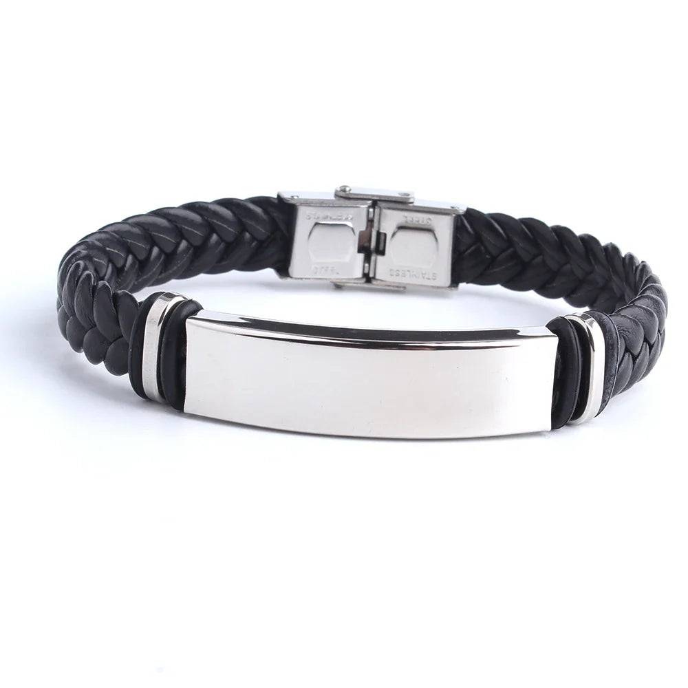 Custom logo Name Engrave Leather Bracelet Black Color customize Stainless Steel Bracelets For Women Men ID Bracelet