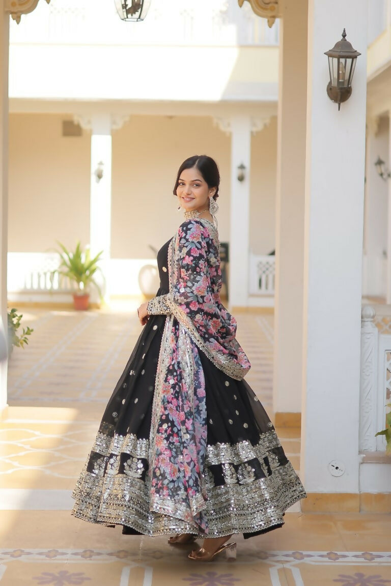 Black Faux Georgette Sequins Zari Embroidered Anarkali Dress