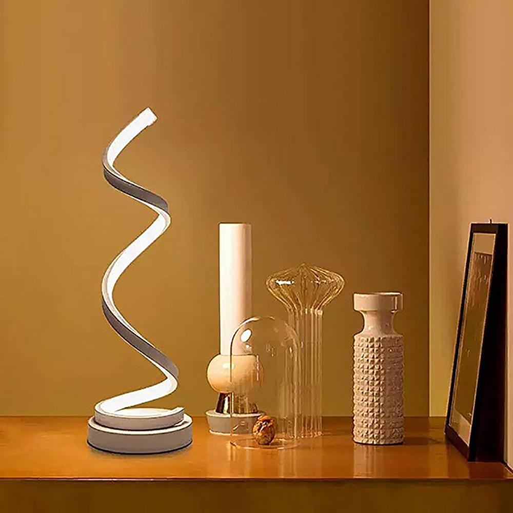 Modern spiral LED table lamp with dimmable warm white glow for bedroom or living room
