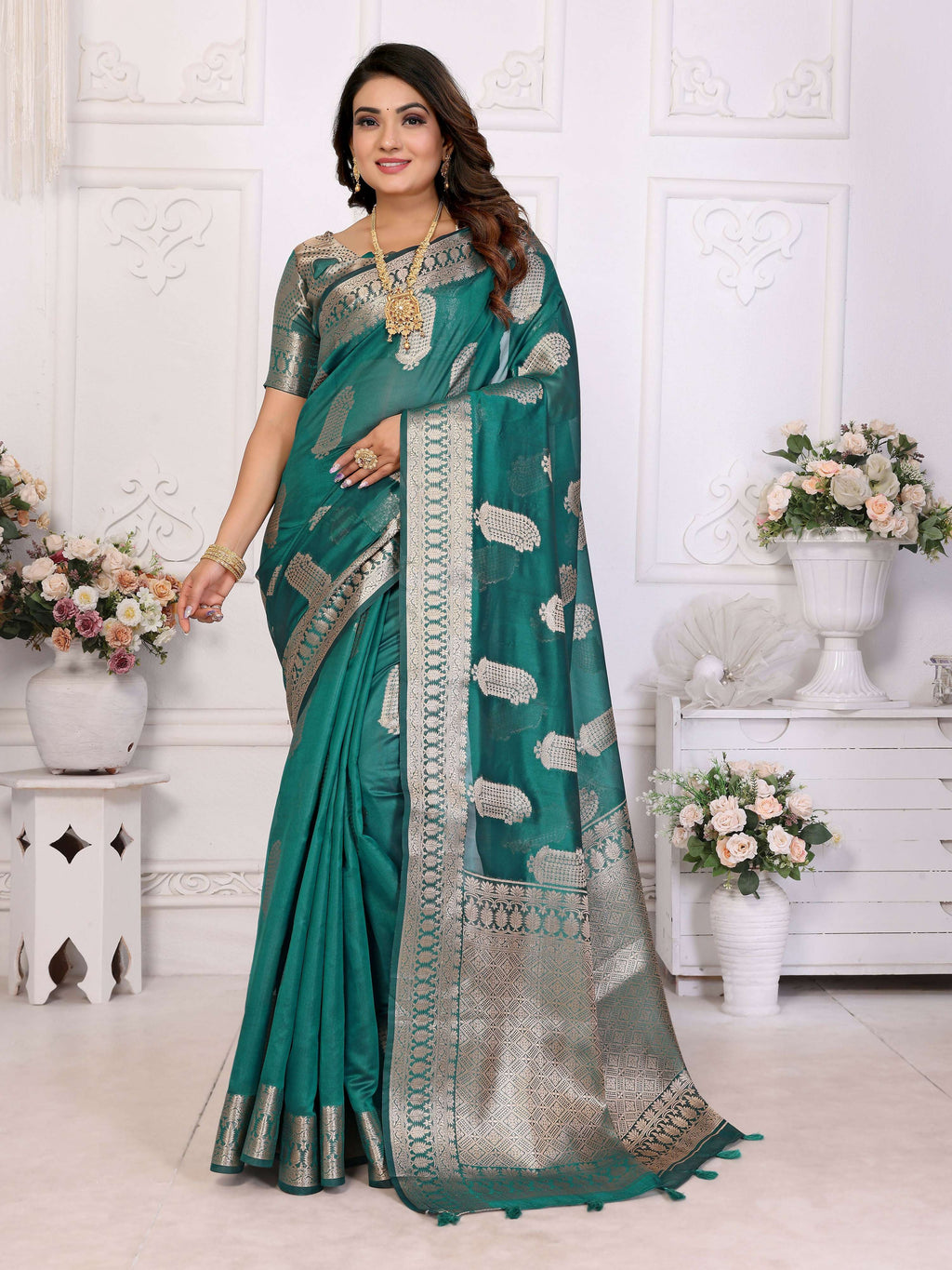Light Green Soft Organza Silk saree with delicate woven details