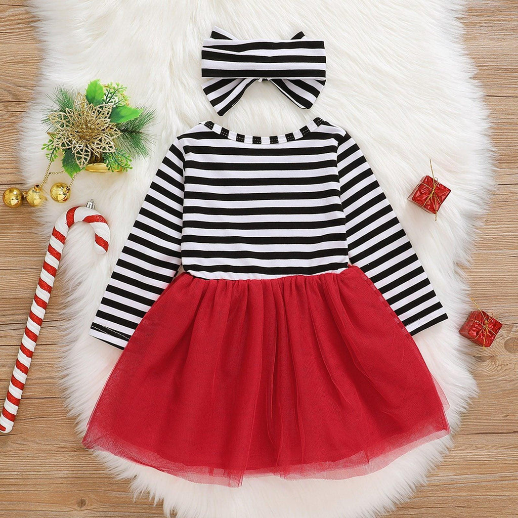 Baby Girl Christmas Santa Striped Dress and Headband Set