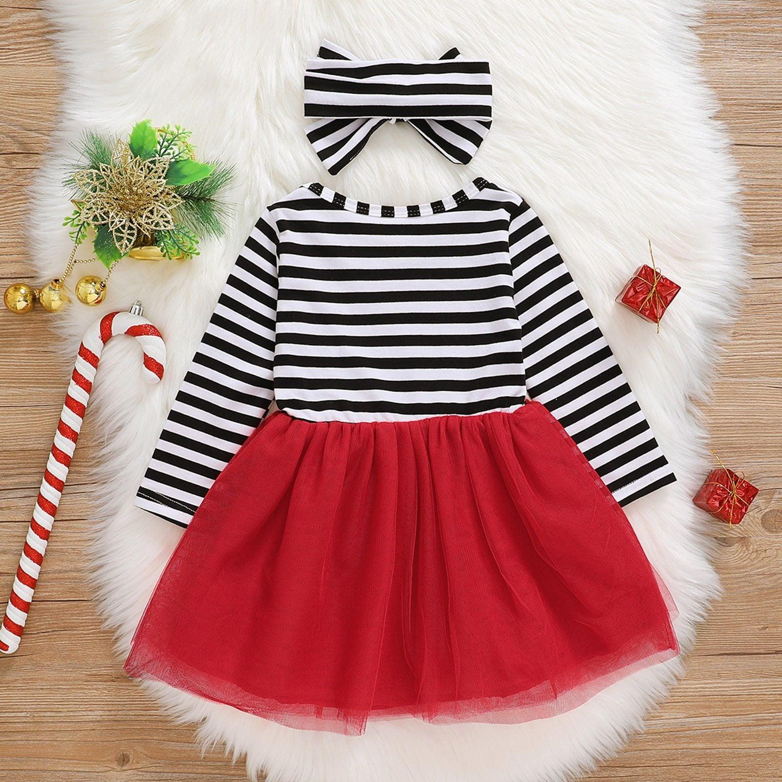 Baby Girl Christmas Santa Striped Dress and Headband Set