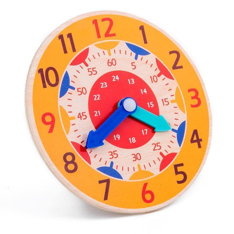 Educational wooden clock toy with colorful numbers and moving hands for children