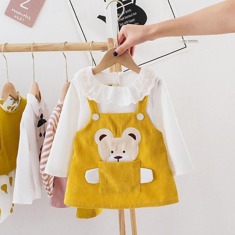 Vintage Style Baby Girls Cartoon Bear Long Sleeve Dress Shirt