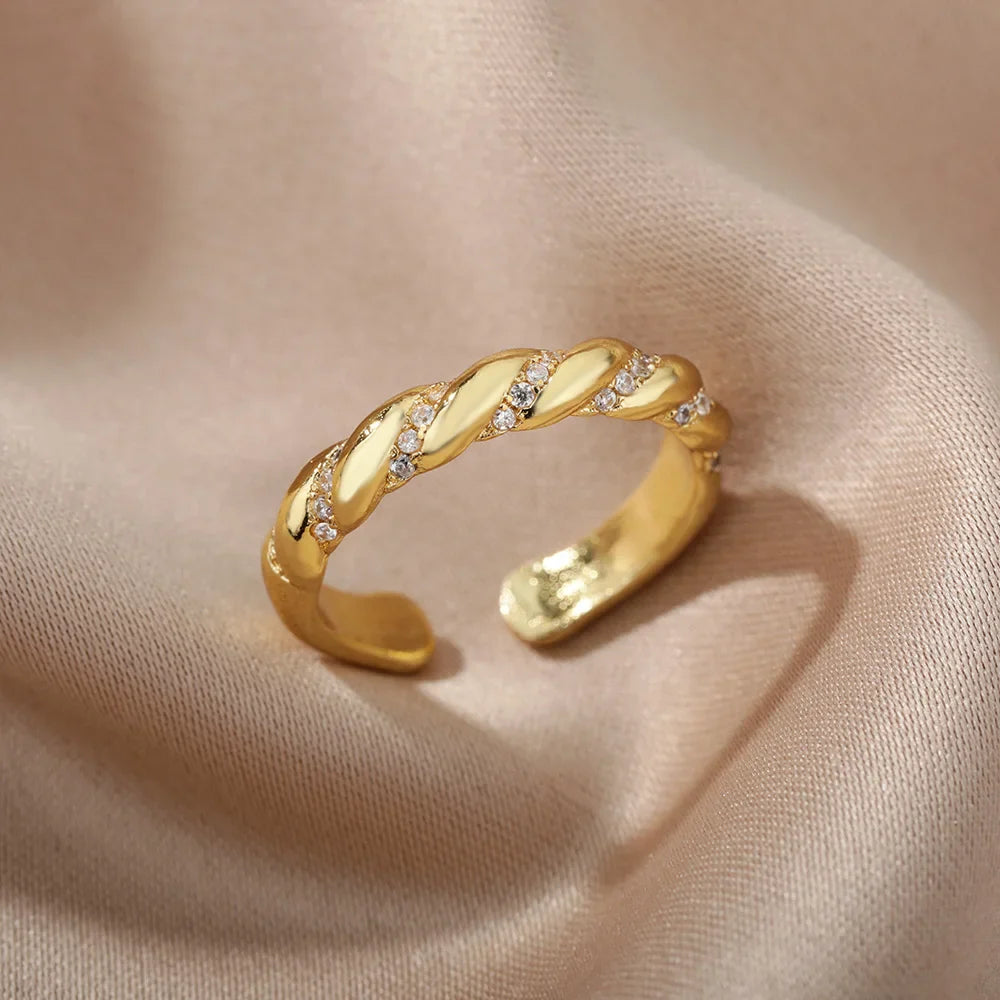 Zircon Twisted Rings For Women Punk Stainless Steel Gold Color Open Ring Geometric Finger Ring Hip Hop Charm Jewelry Gift