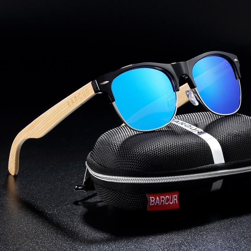 Handmade bamboo-frame sunglasses with polarized lenses.