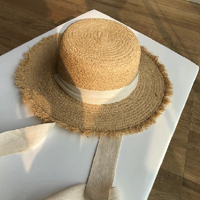 Vintage Straw Wide Brim Sun Hat with Black and White Bowknot