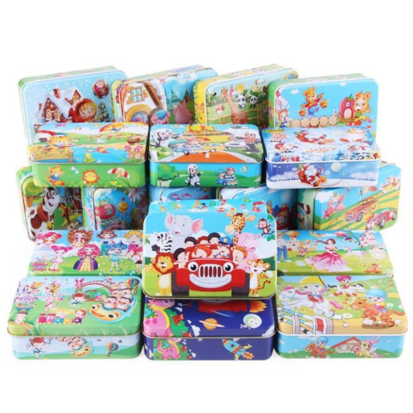 60-Piece Wooden Cartoon Animal Puzzle in Keepsake Iron Box