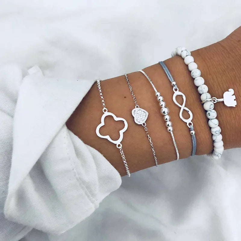 Fashion Geometric Stone Charm Bracelet Set For Women Retro Silver Color Moon Wrist Chain Open Bangle Lady Trendy Boho Jewelry