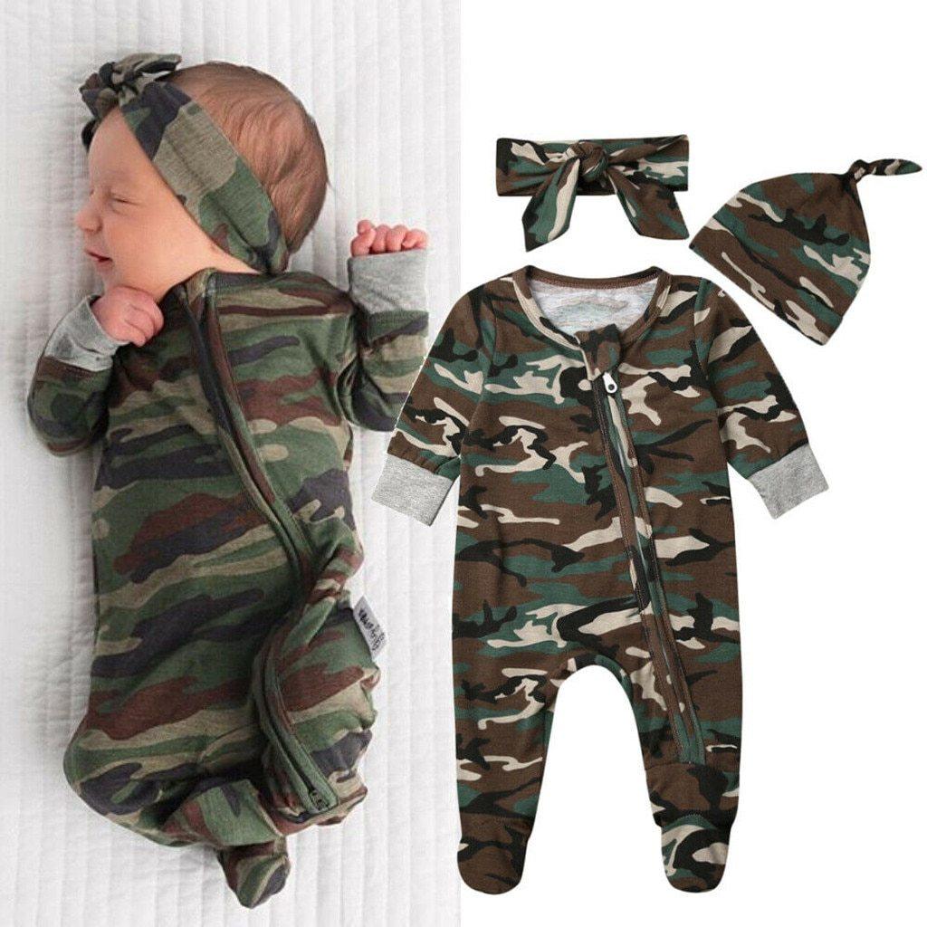 Infant Camo Military-Style Romper Set with Hat and Hairband