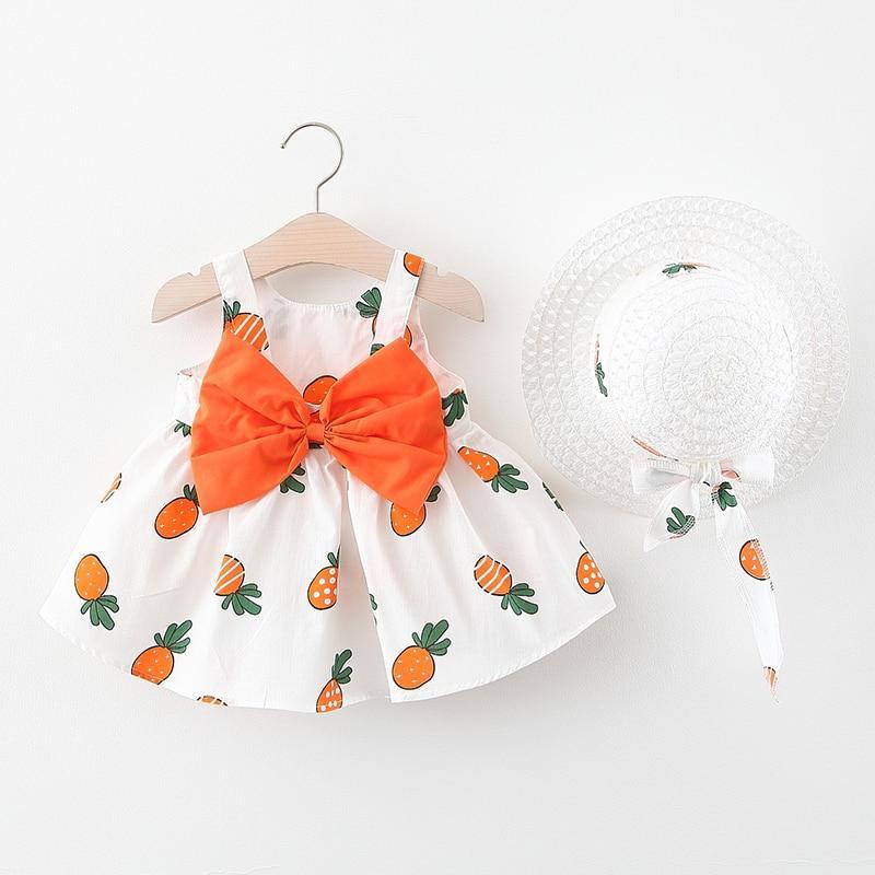 Luxury Modern Summer Bow Print Dress and Matching Hat Set for Girls
