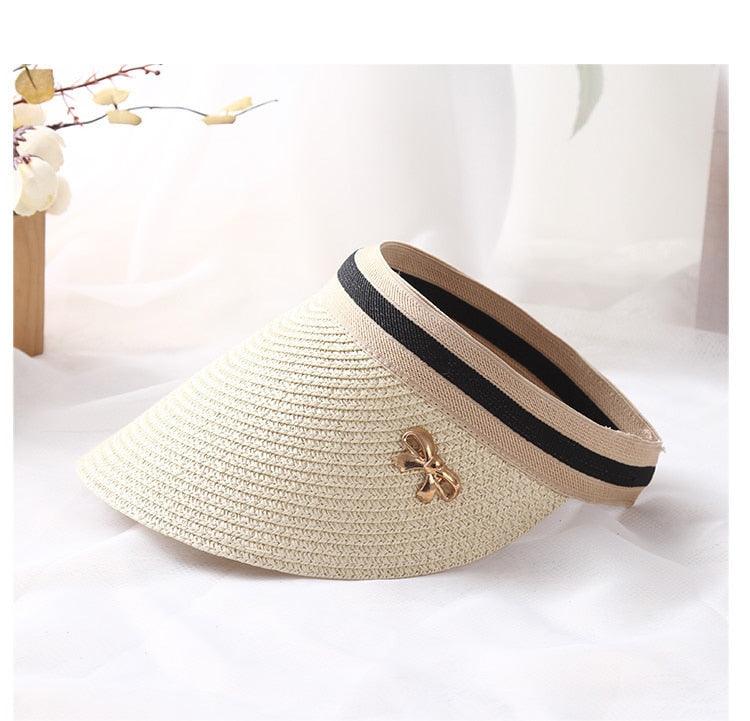 Vintage Straw Visor Hat with Bowknot - Open Top Beach Cap