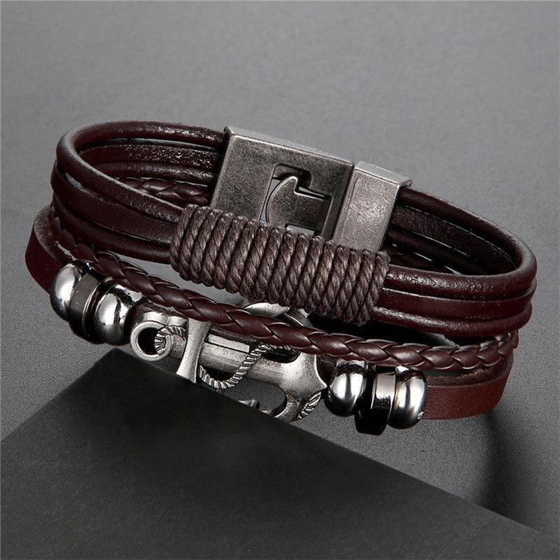 Multilayer braided leather cuff bracelet for men and women with an anchor charm and magnetic clasp