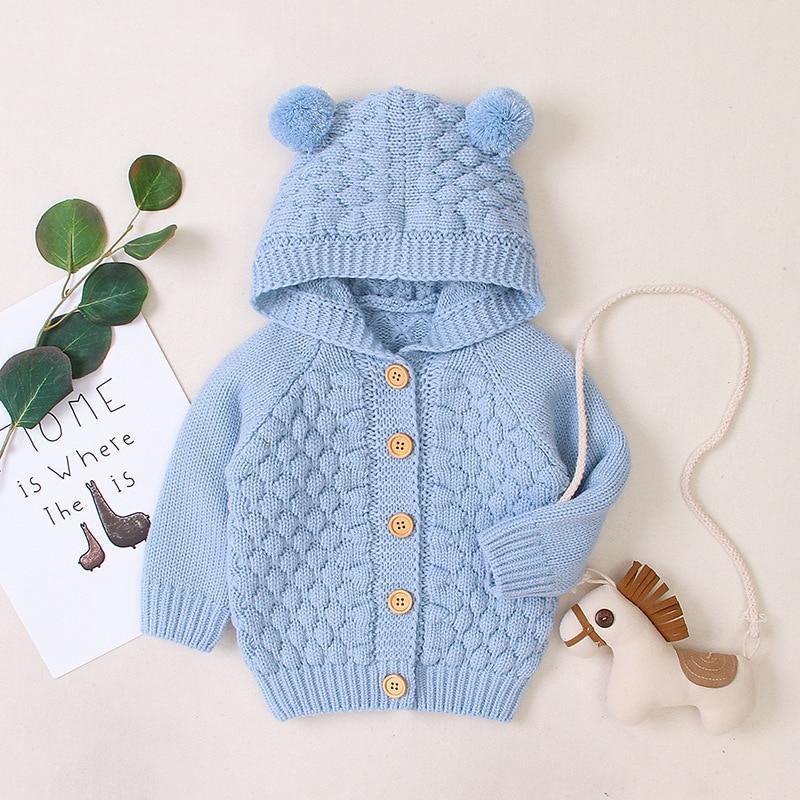 Infant Striped Knit Cardigan Coat with Bear Ear Hood
