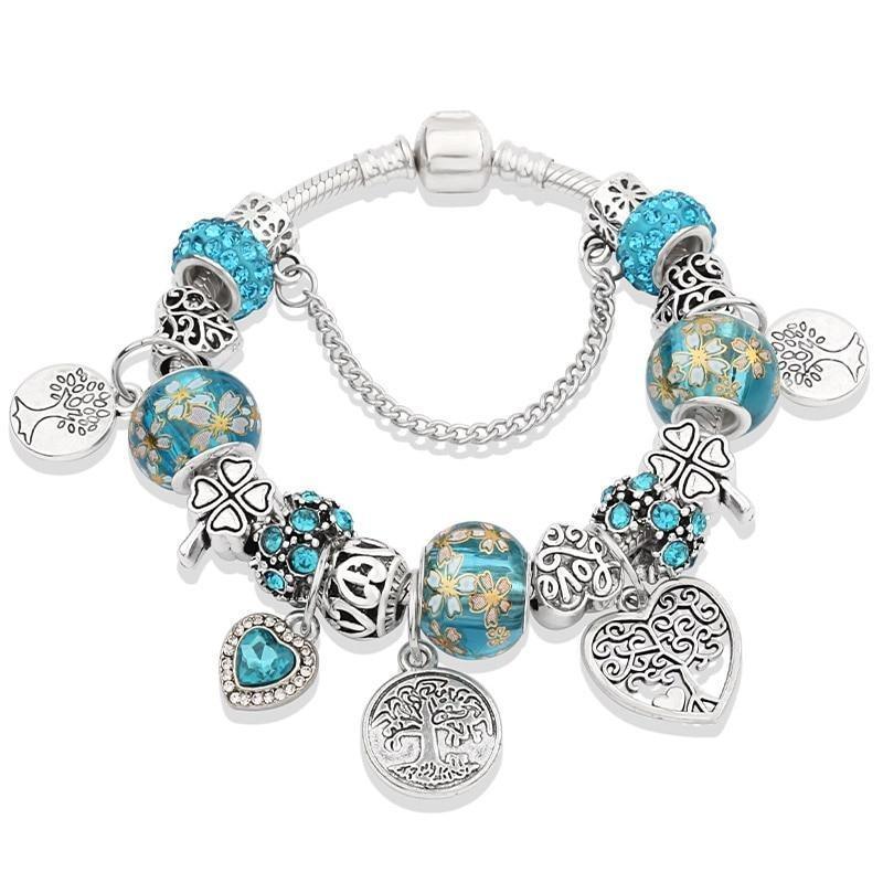 Silver Tree of Life Charm Bracelet with Green Crystals