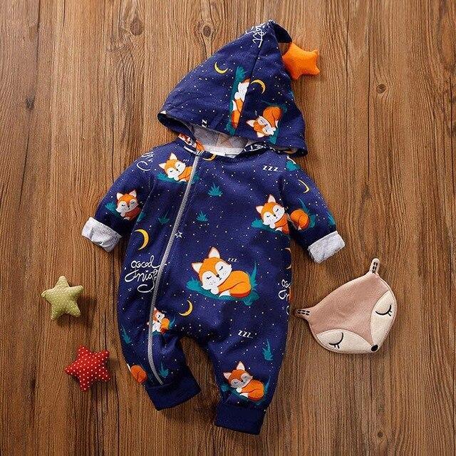Unisex Hooded Animal Print Baby Romper Warm Zipper Jumpsuit