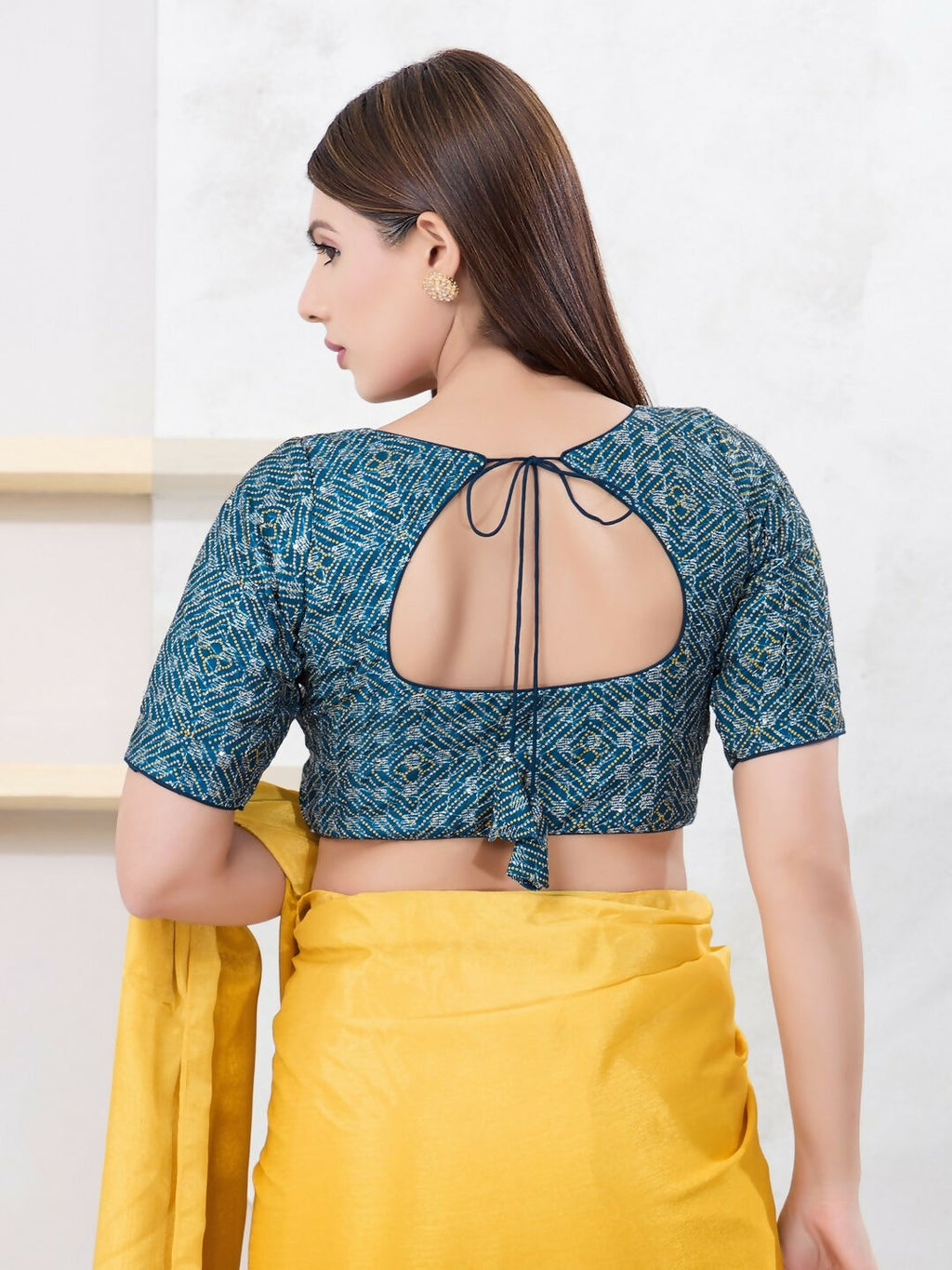 Fire-Blue Art Silk Elbow Sleeveless Round Neck Front Open Blouse