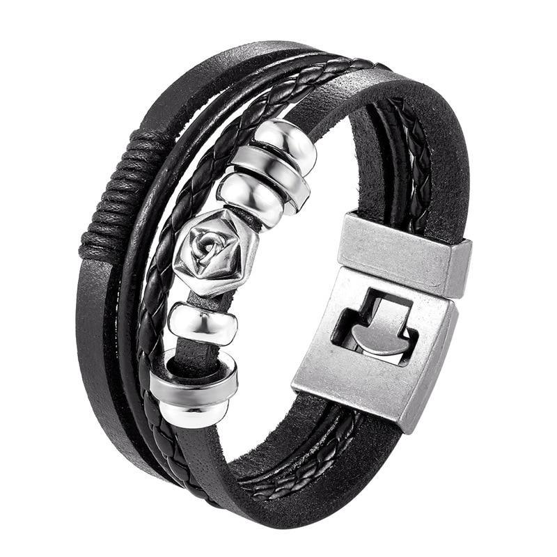 Multilayer Braided Leather Anchor Bracelet with Magnetic Clasp