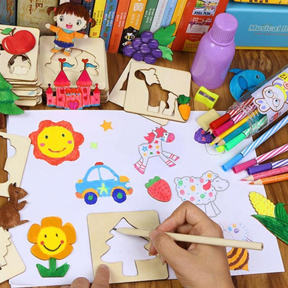 A collection of 100 wooden stencil templates for kids' drawing and art activities